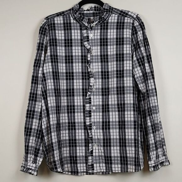 LOFT Long Sleeve Button Down Ruffled Blouse Black and White Plaid - Picture 12 of 12